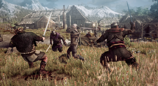 the_witcher_3_wild_hunt_geralt_fighting_multiple_opponents_in_a_village_in_skellige[1]